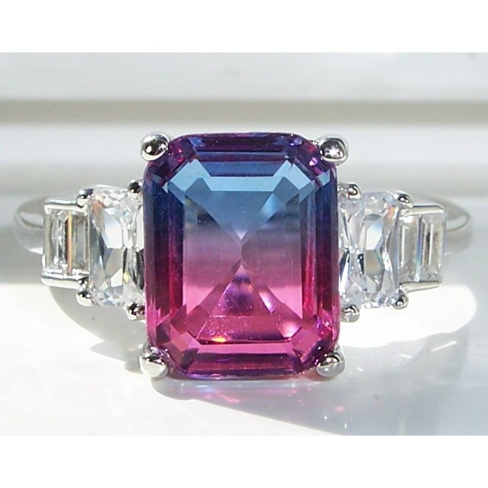 925 STERLING SILVER Bicolor Cubic Zirconia & Baguette Ring Blue & Pink - Picture 2 of 16